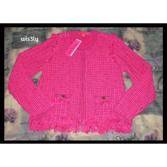 NWT Lilly Pulitzer Simora Cardigan Pink Palms Exotic Tweed - Picture 2 of 4